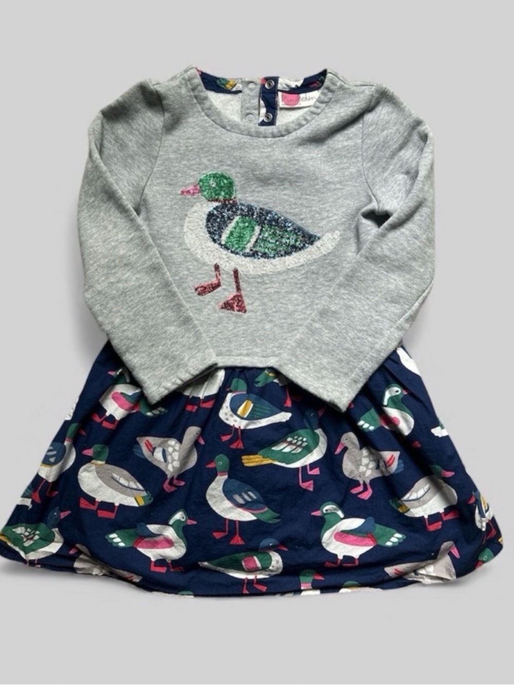 Gray & Navy mini Biden Duck Print sweater Dress for Kids 7/8